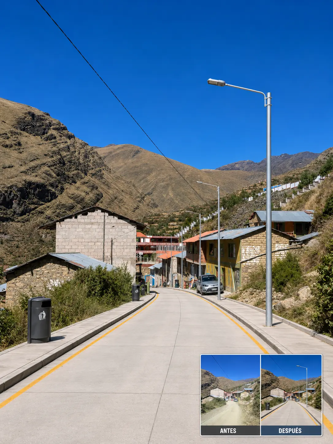 Proyección referencial del segundo tramo vial de Quetapalo con pista, veredas y alumbrado