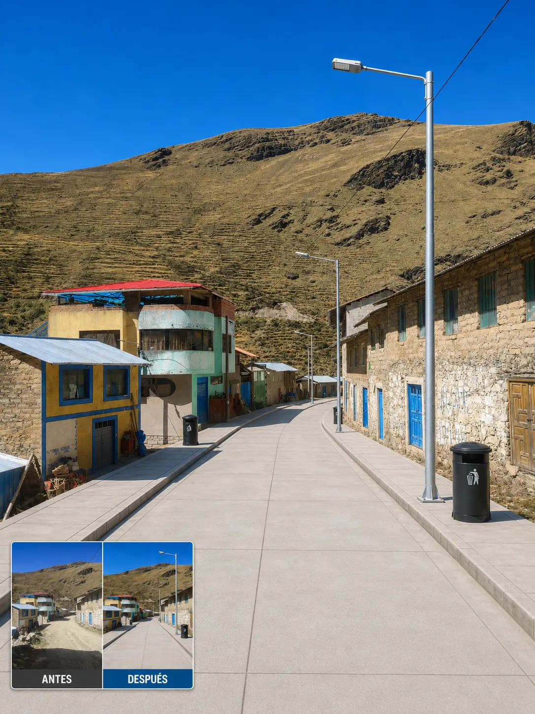 Proyección referencial del quinto tramo vial de Quetapalo con pista, veredas y alumbrado