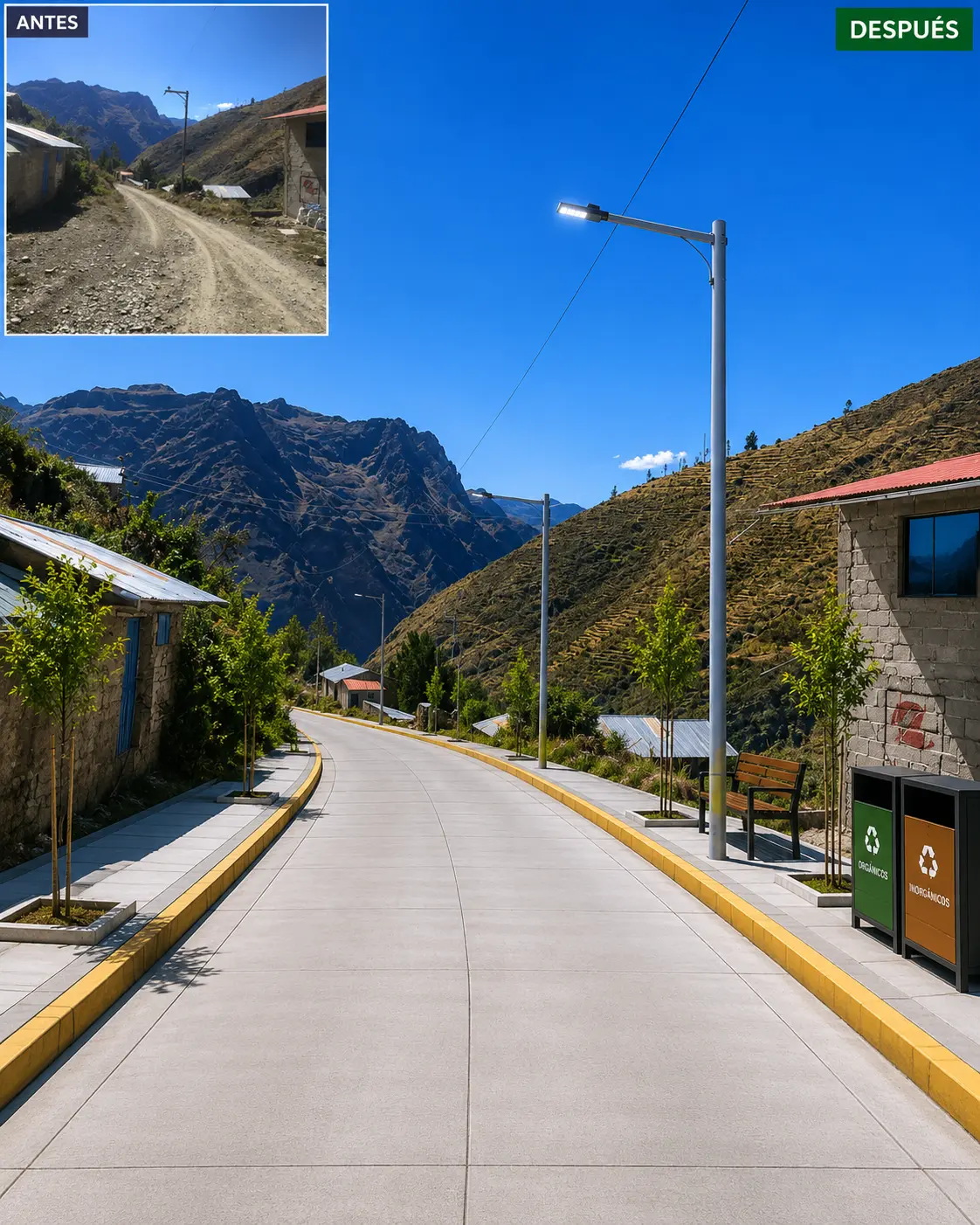 Comparación referencial del octavo tramo vial de Quetapalo antes y después de la propuesta