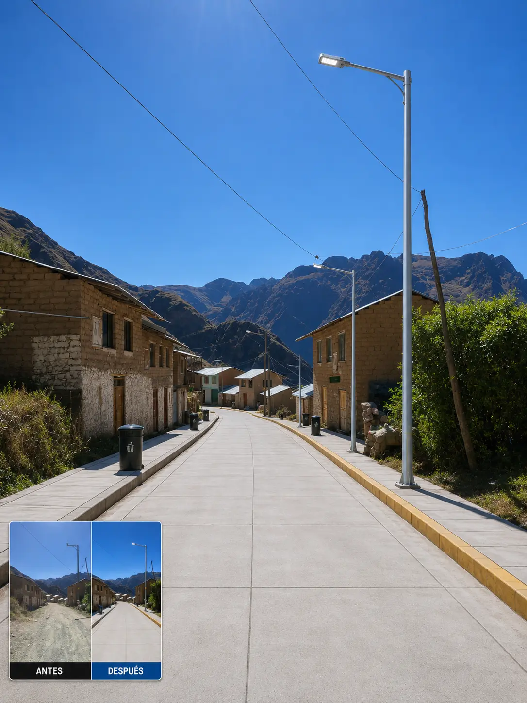 Proyección referencial del noveno tramo vial de Quetapalo con pista, veredas y alumbrado